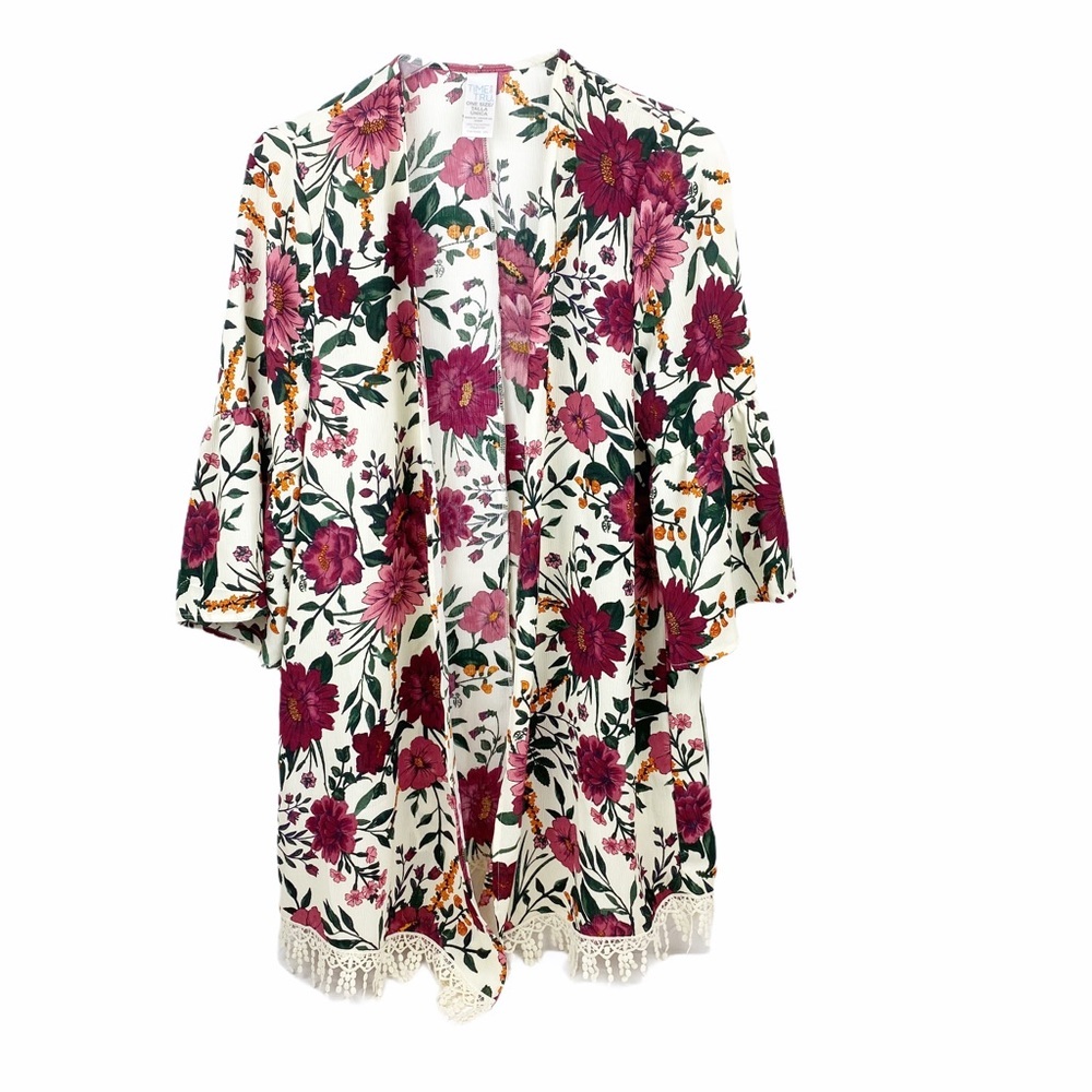 Time & Tru Floral Maroon Kimono Cover Up One Size